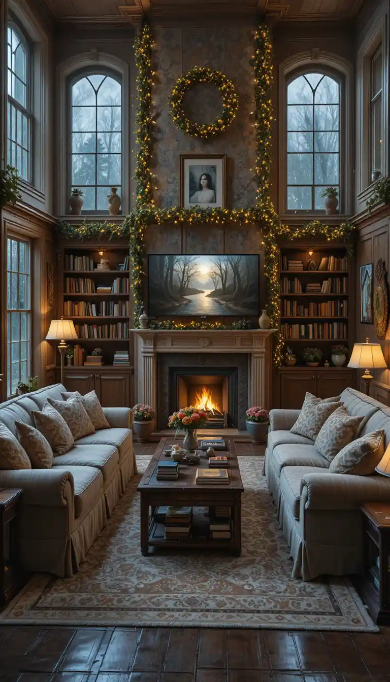 Cozy american living room with fireplace and rainy windows