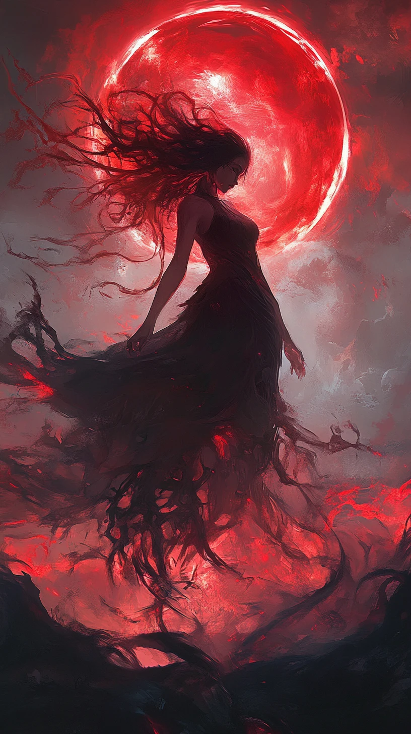 Ethereal maiden rising from swirling iridescent tendrils