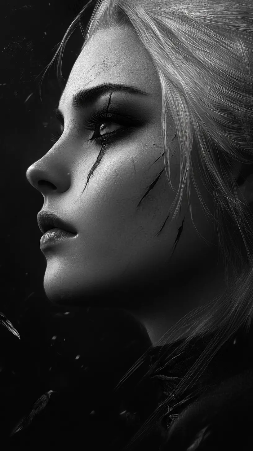 Elven woman with haunted eyes staring into distant gloom