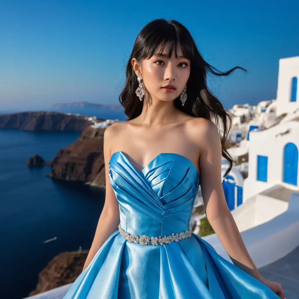 Young woman in blue satin gown at night in Santorini