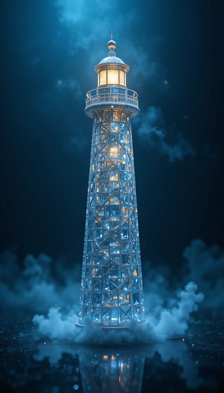 Diamond lighthouse glowing on dark reflective surface at night