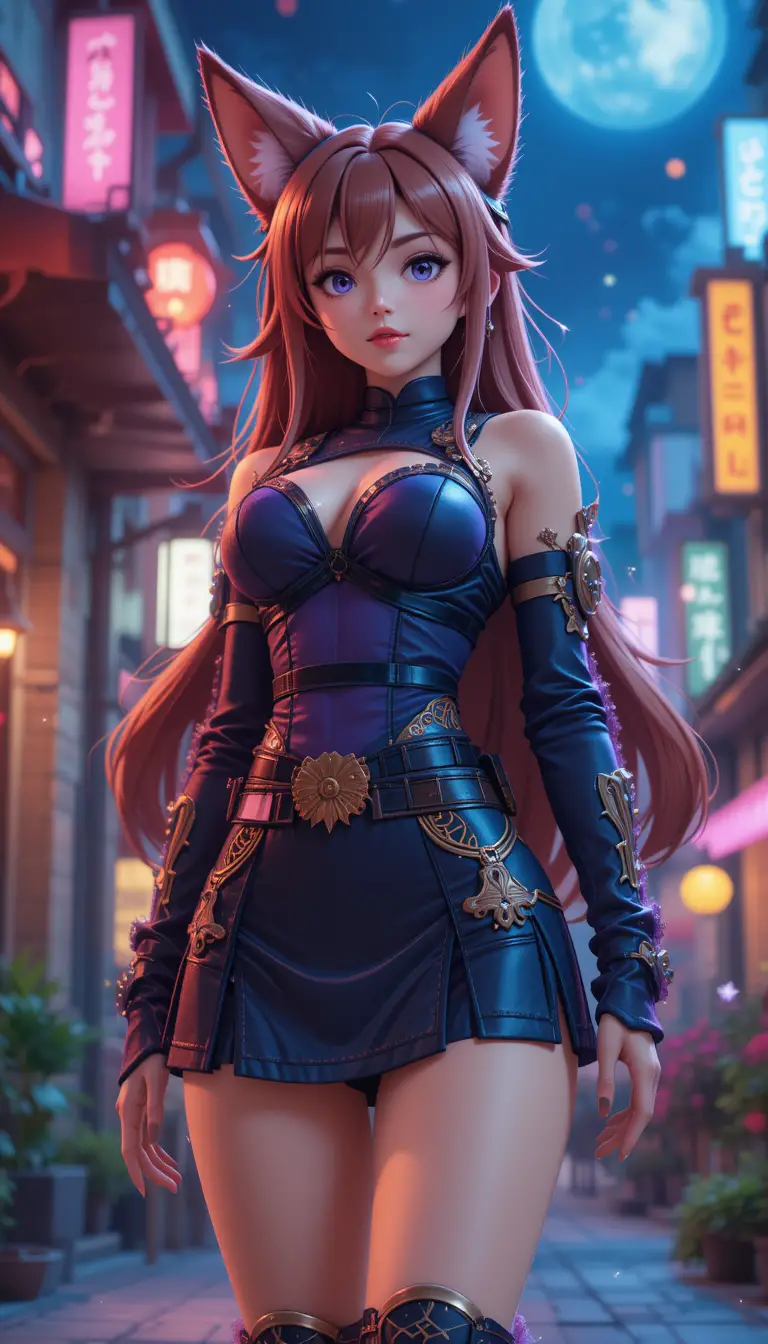 Ninja raposa garota de anime confiante na cidade voxel à noite
