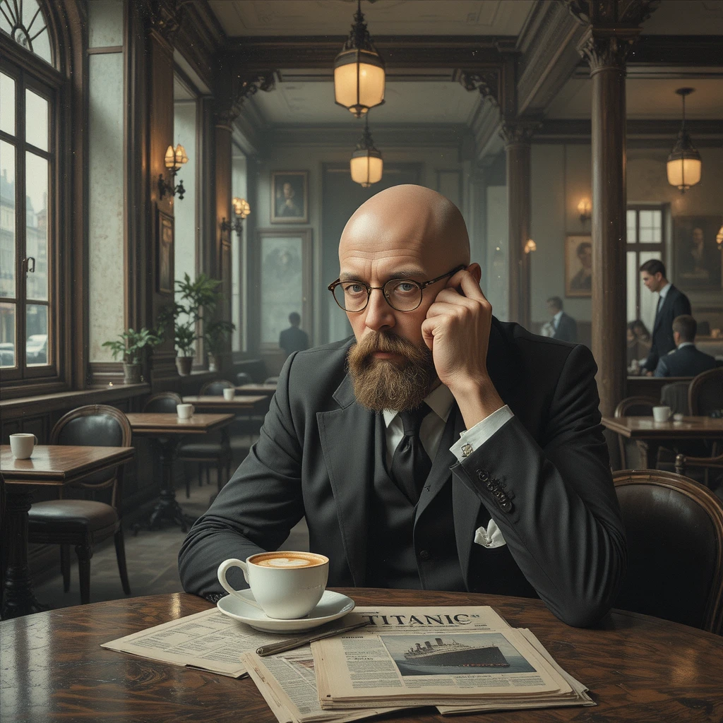 Pensive man in a quiet French cafeteria with espresso
