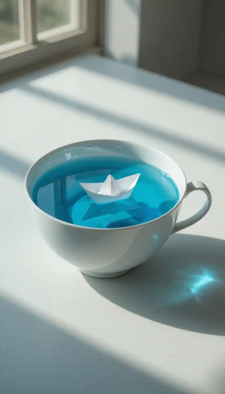 桌上瓷茶杯中漂浮的紙船