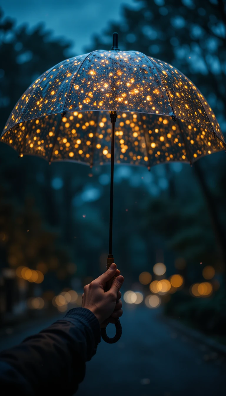 Ombrello trasparente che brilla di lucciole in una notte buia