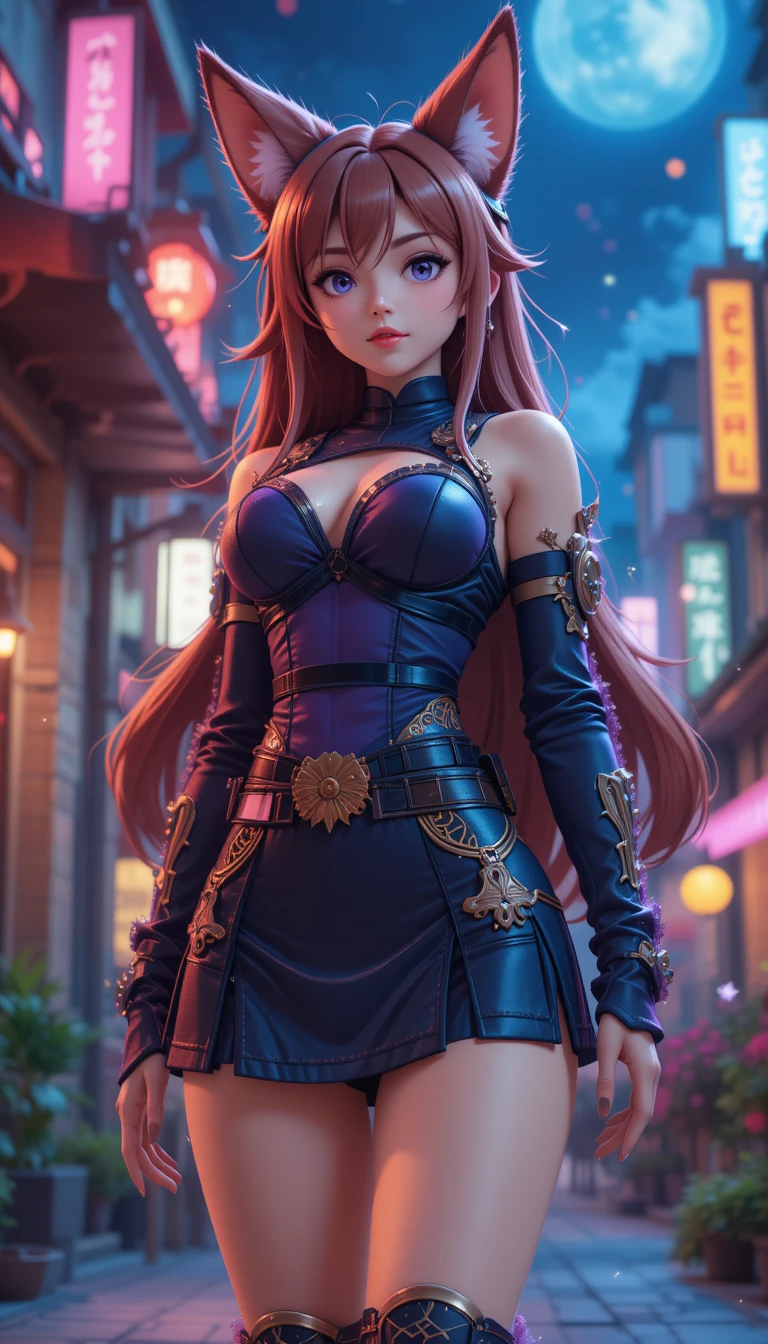 Ninja raposa garota de anime confiante na cidade voxel à noite