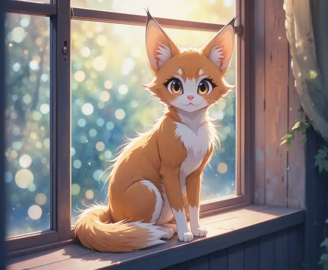 Whimsical fox cat hybrid on a glowing watercolor windowsill