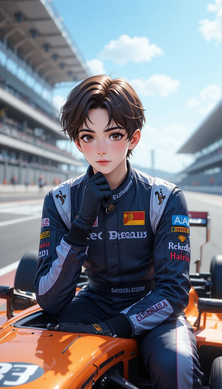Piloto de corrida em estilo anime descansando em carro de fórmula elegante