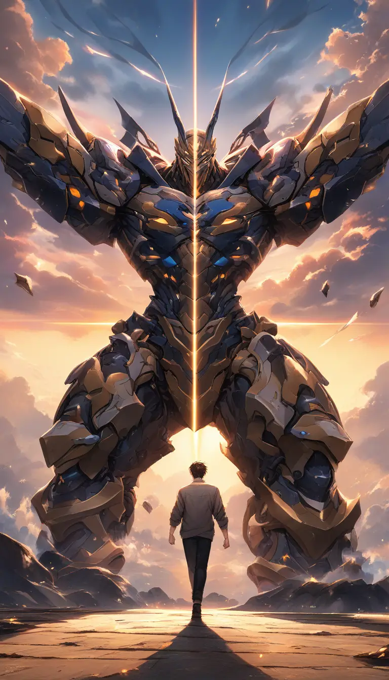Jovem atlético calmo em estilo anime ao pôr do sol