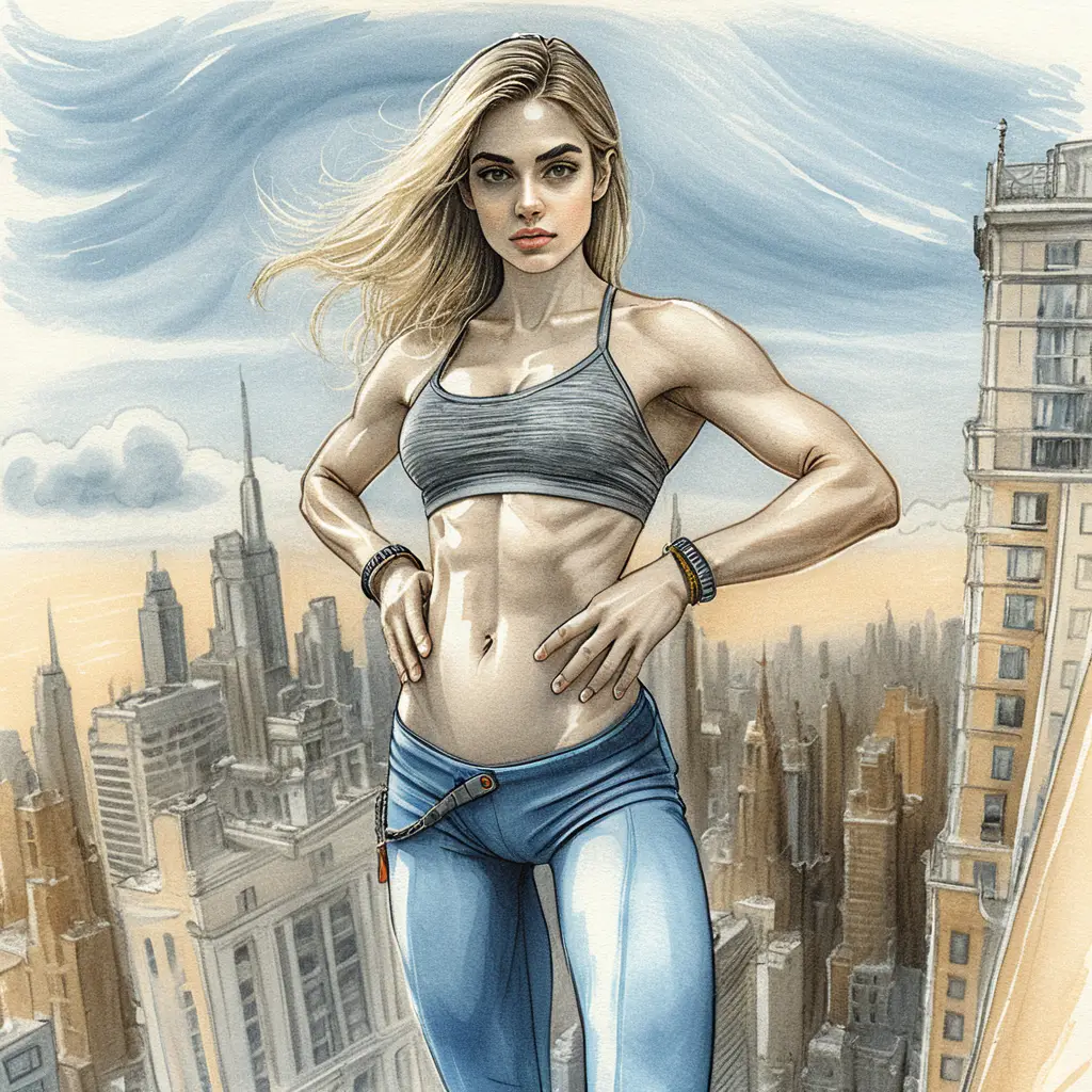 Muscular blonde heroine on sunny urban rooftop