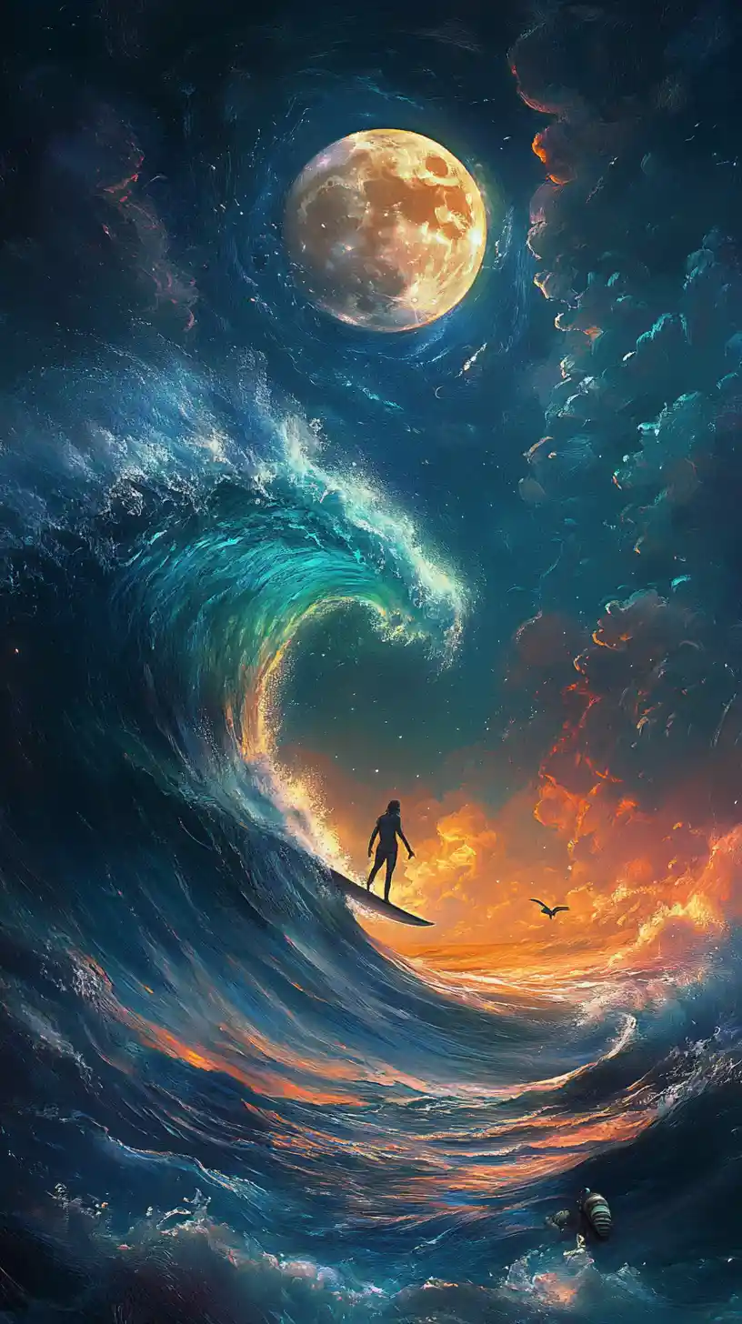 滿月下騎乘神秘浪潮的超現實衝浪者