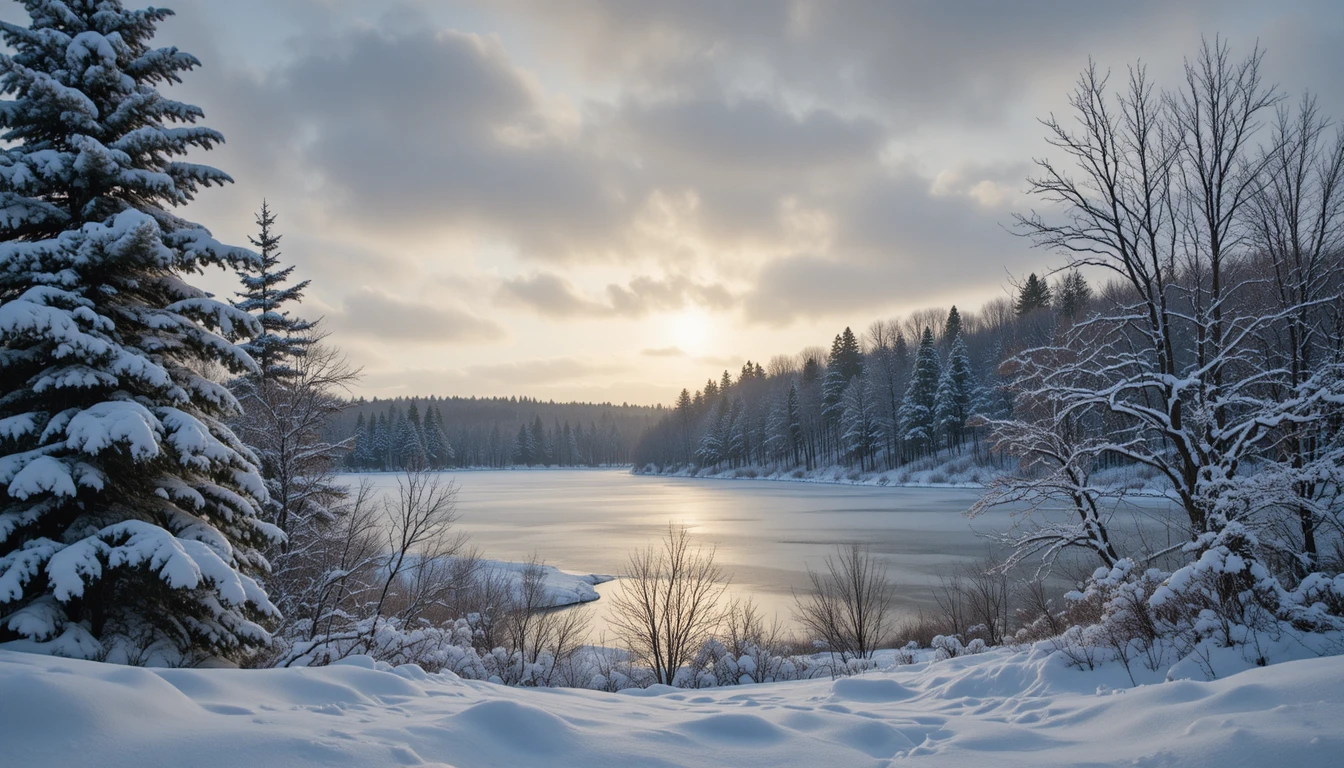 Forêt hivernale sereine et lac gelé sous un doux ciel gris