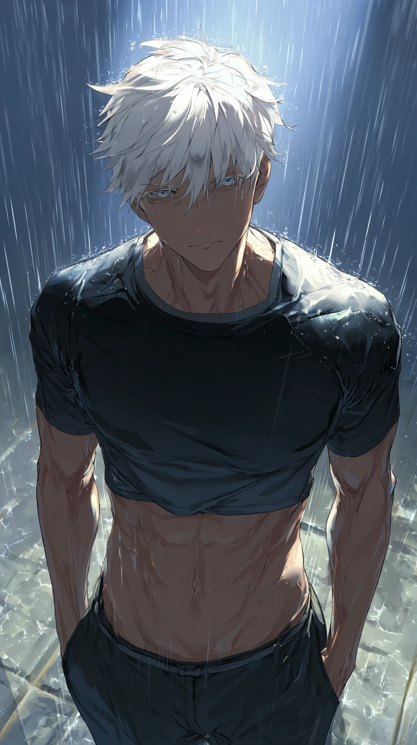 Weißhaariger Anime-Mann im Sturm unter dramatischem Licht