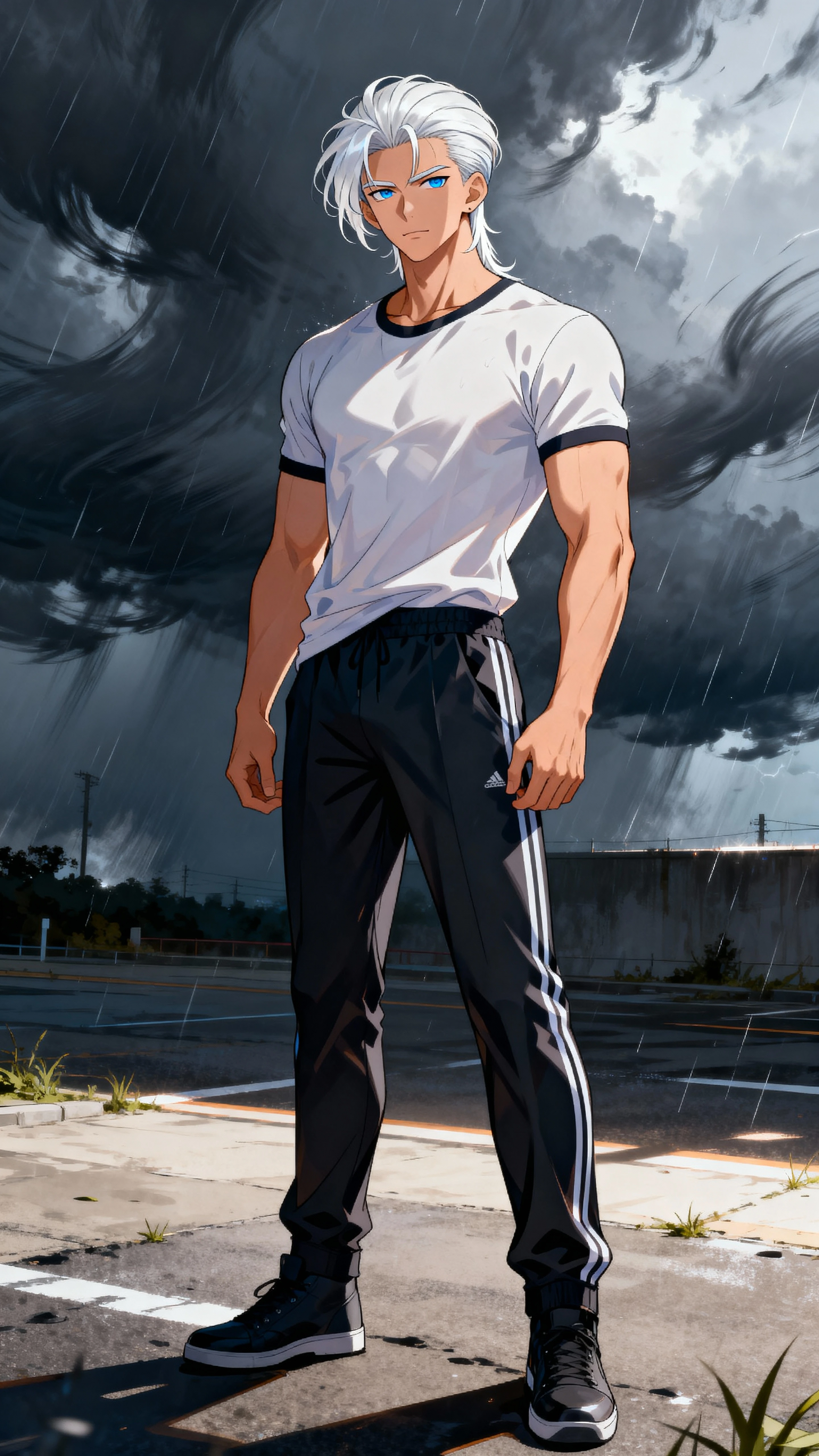 暴風戶外場景中的白髮動漫男子