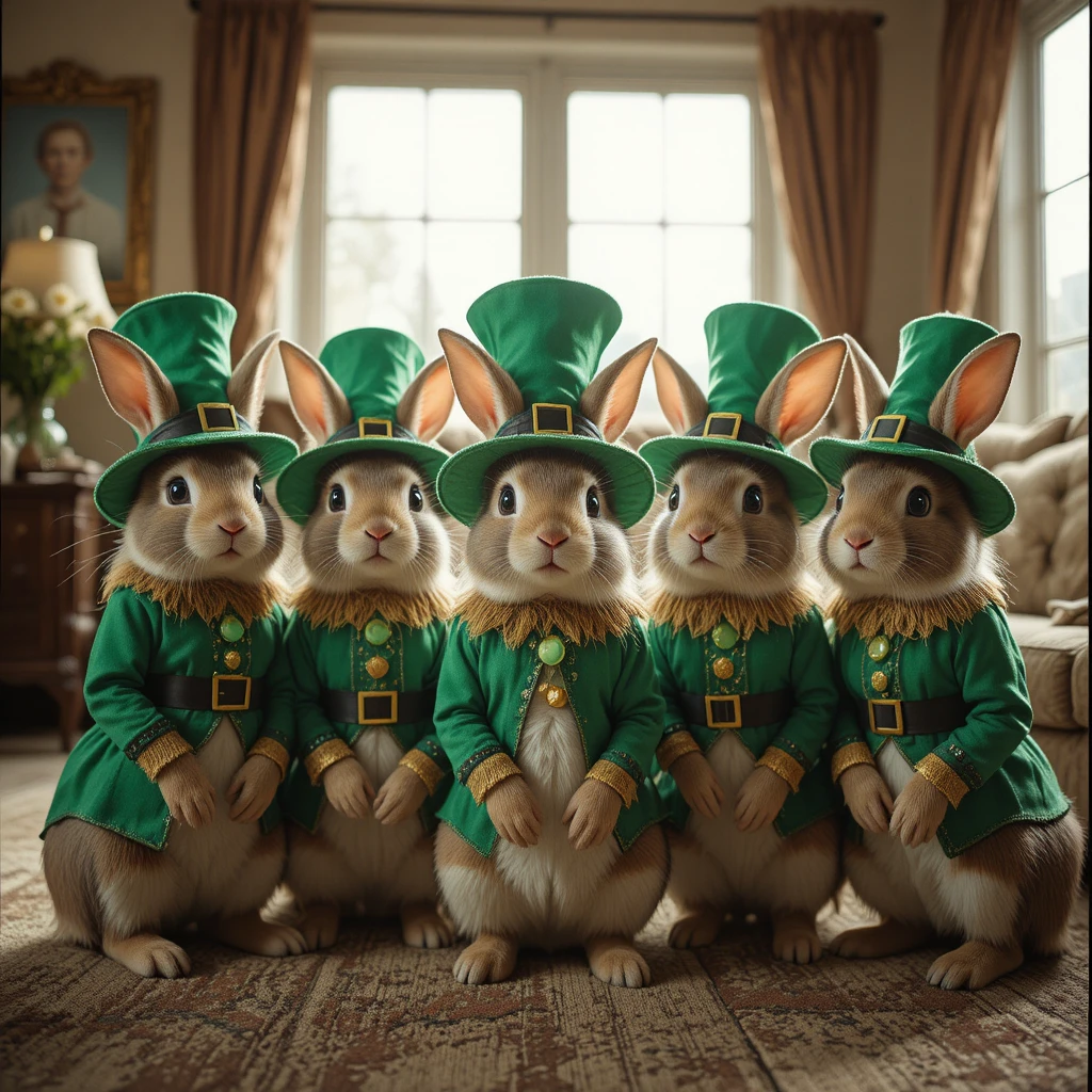 Grupo de coelhos em fantasias de leprechaun em sala de estar iluminada