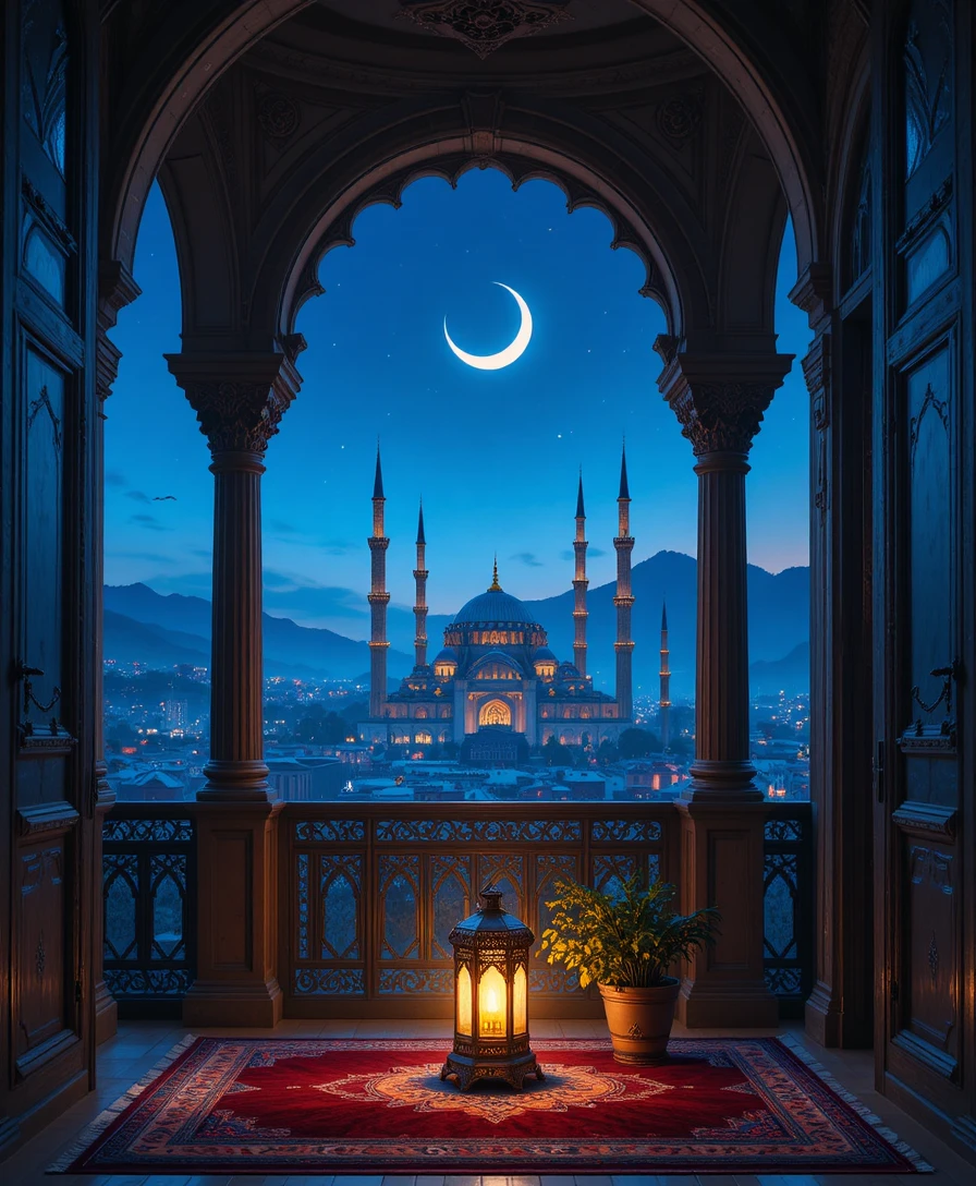 Vista da balcone ornato su moschea al chiaro di luna e città lontana