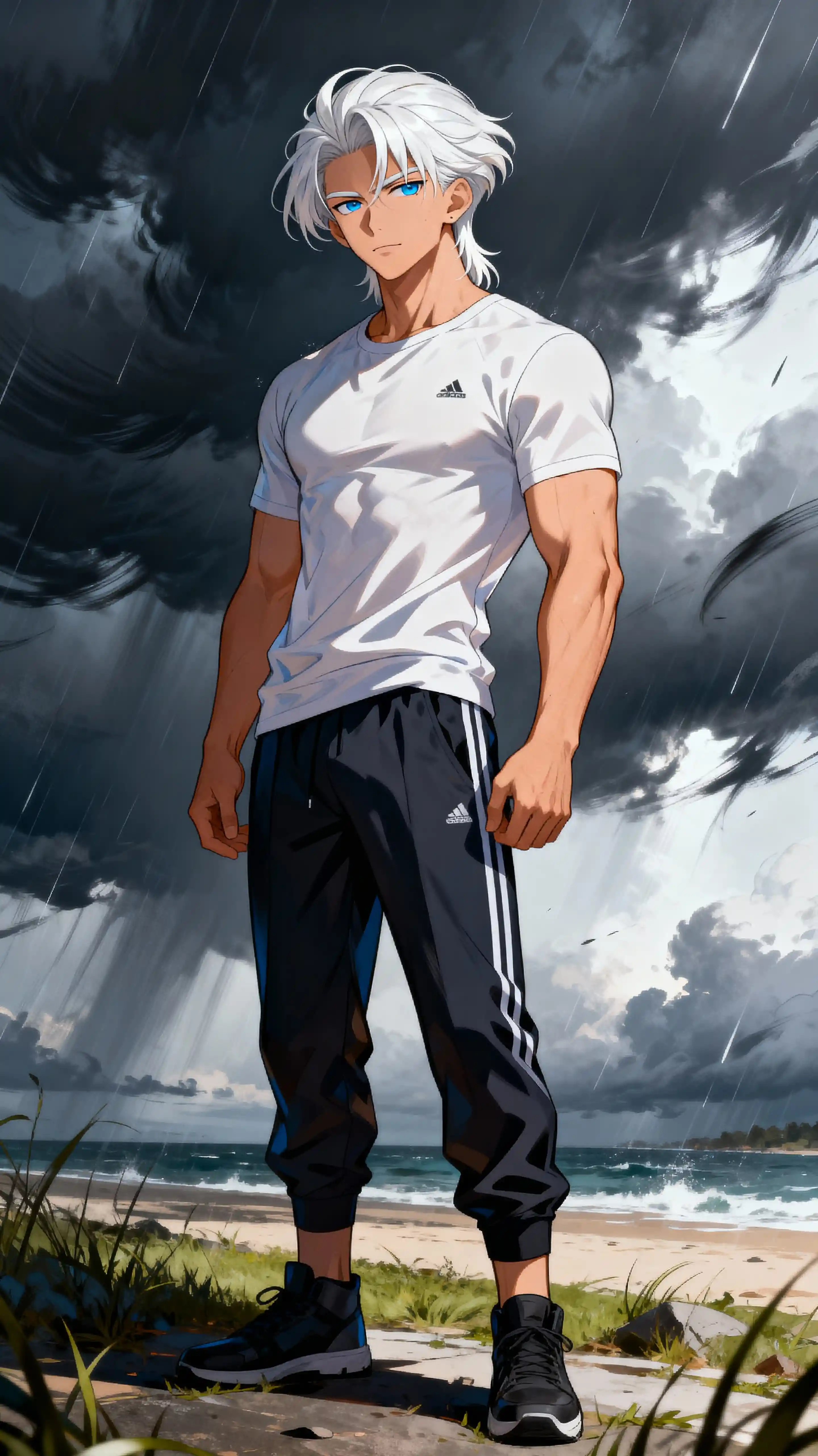 Homem de anime de cabelo branco em cena externa tempestuosa