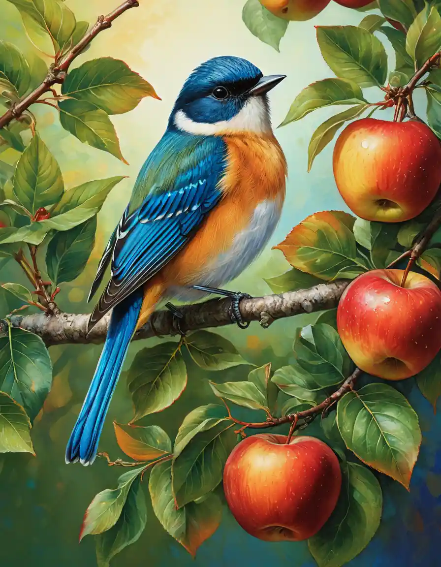 Oiseau chanteur coloré sur une branche au-dessus de deux pommes rouges mûres