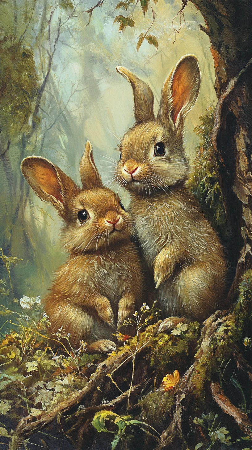Dois coelhos marrons em uma floresta cintilante em pintura de diamante