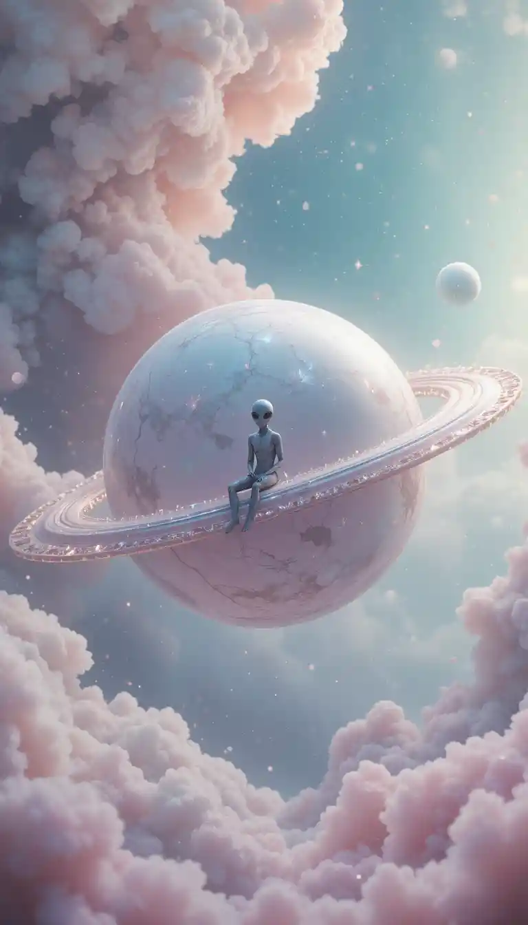 Alien descansando em um planeta de pérola com anéis de gemas
