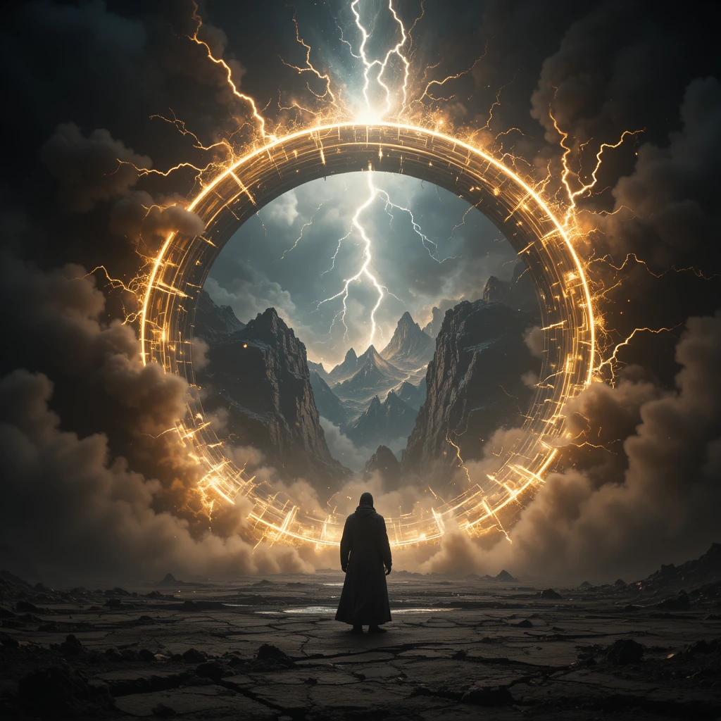 Porta luminosa gigantesca se abrindo em um reino espiritual sombrio