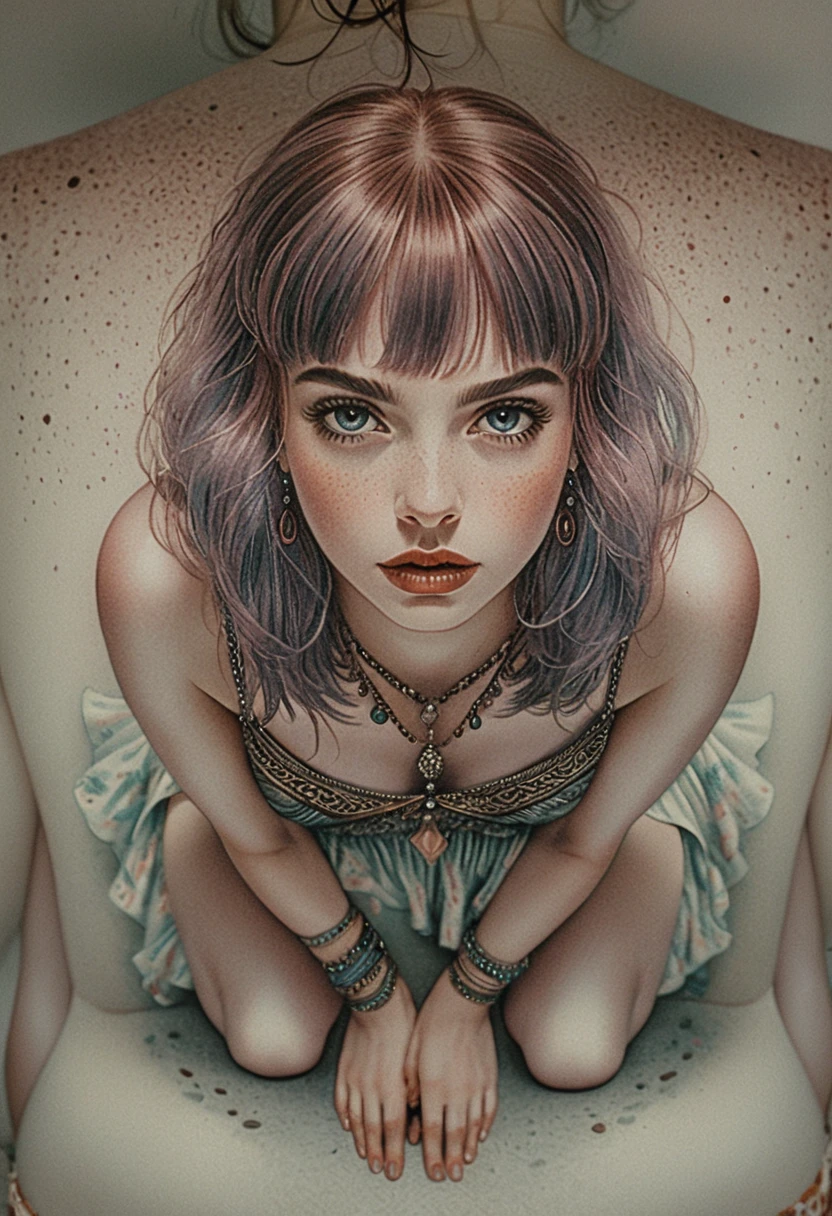 Mystical red haired girl seen from above by a dark pond