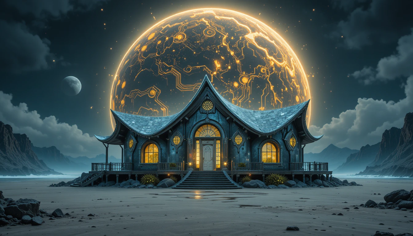 Maison de plage futuriste sous une gigantesque planète lointaine