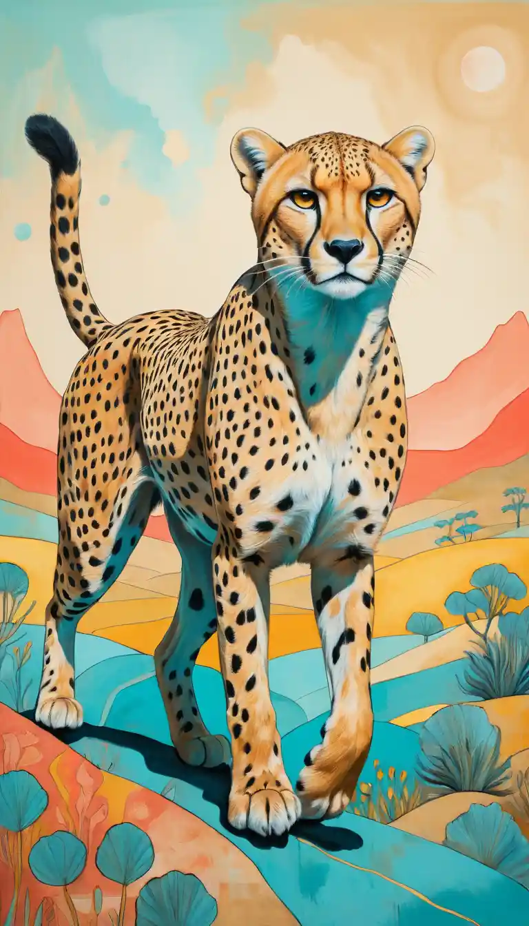 Leaping cheetah line drawing in a dreamy abstract painting