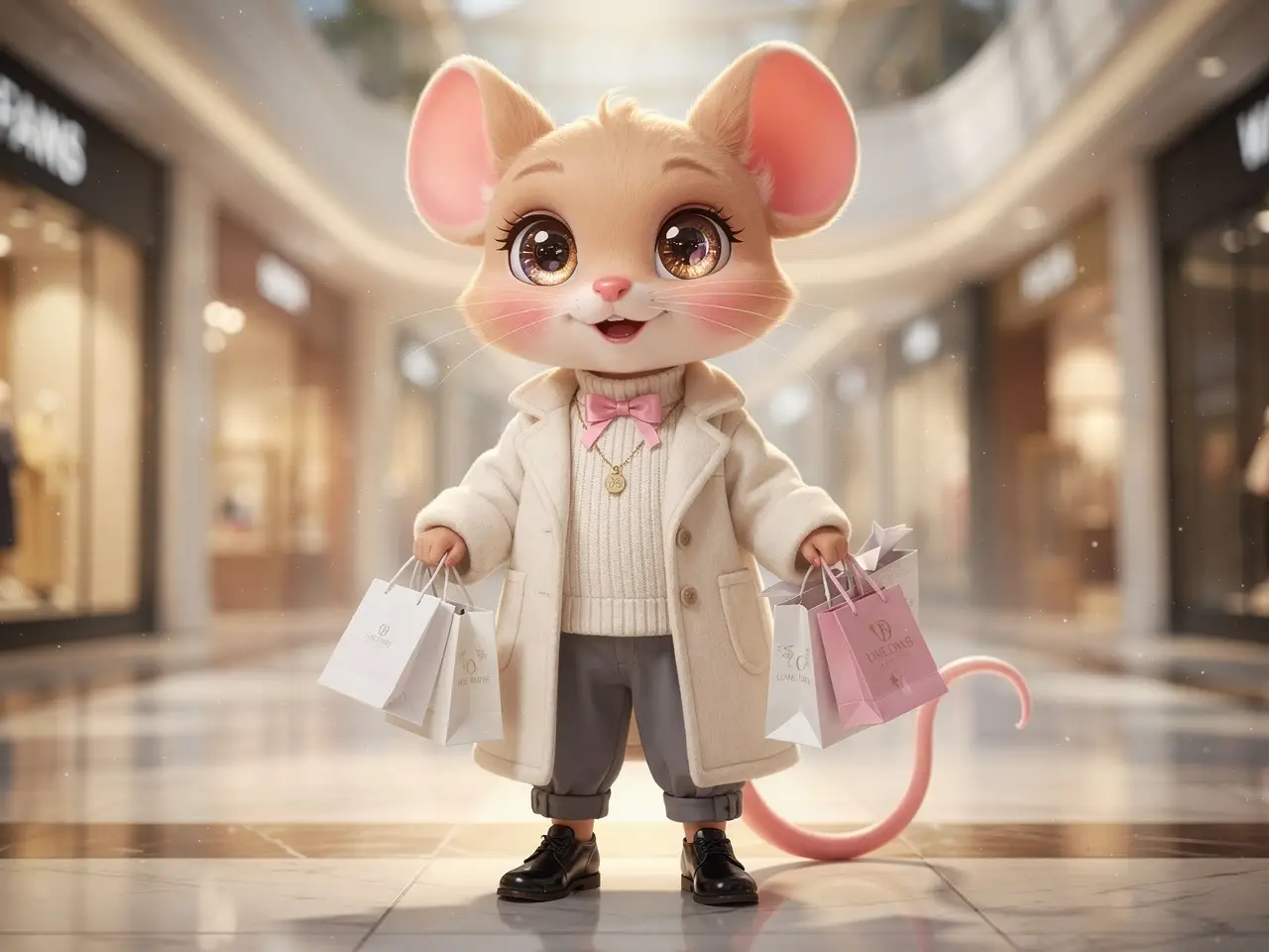 Süßes Chibi-Mädchen mit Mausohren beim Einkaufen im Luxus-Einkaufszentrum