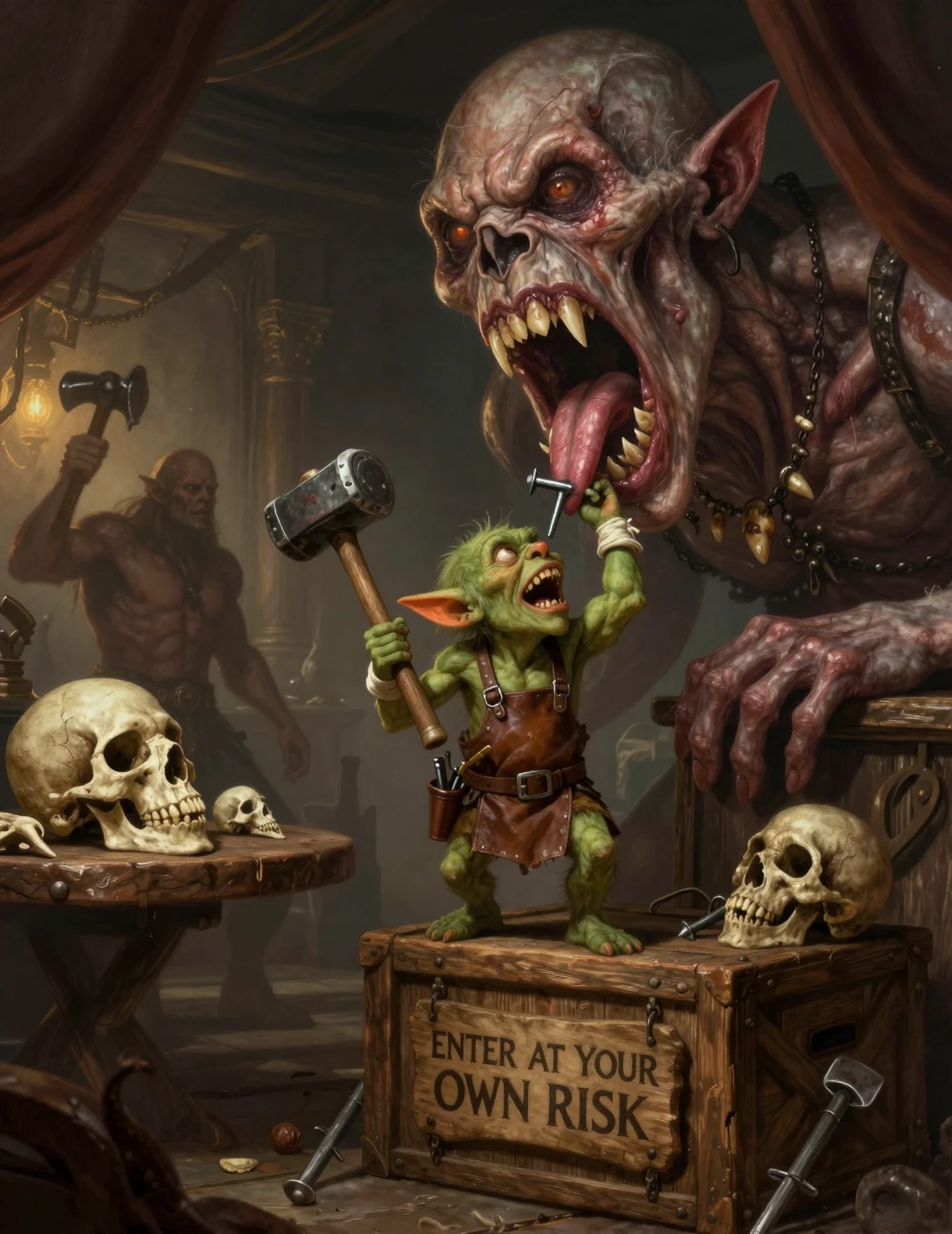 Torturador Goblin em Cima de Caixote em Taverna Escura