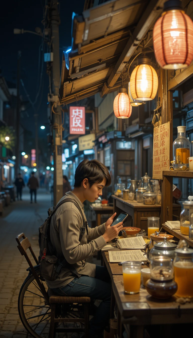 Young tea seller studying English at a night street stall