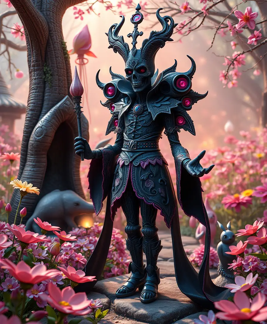 Gothic fantasy woman in a whimsical spring garden