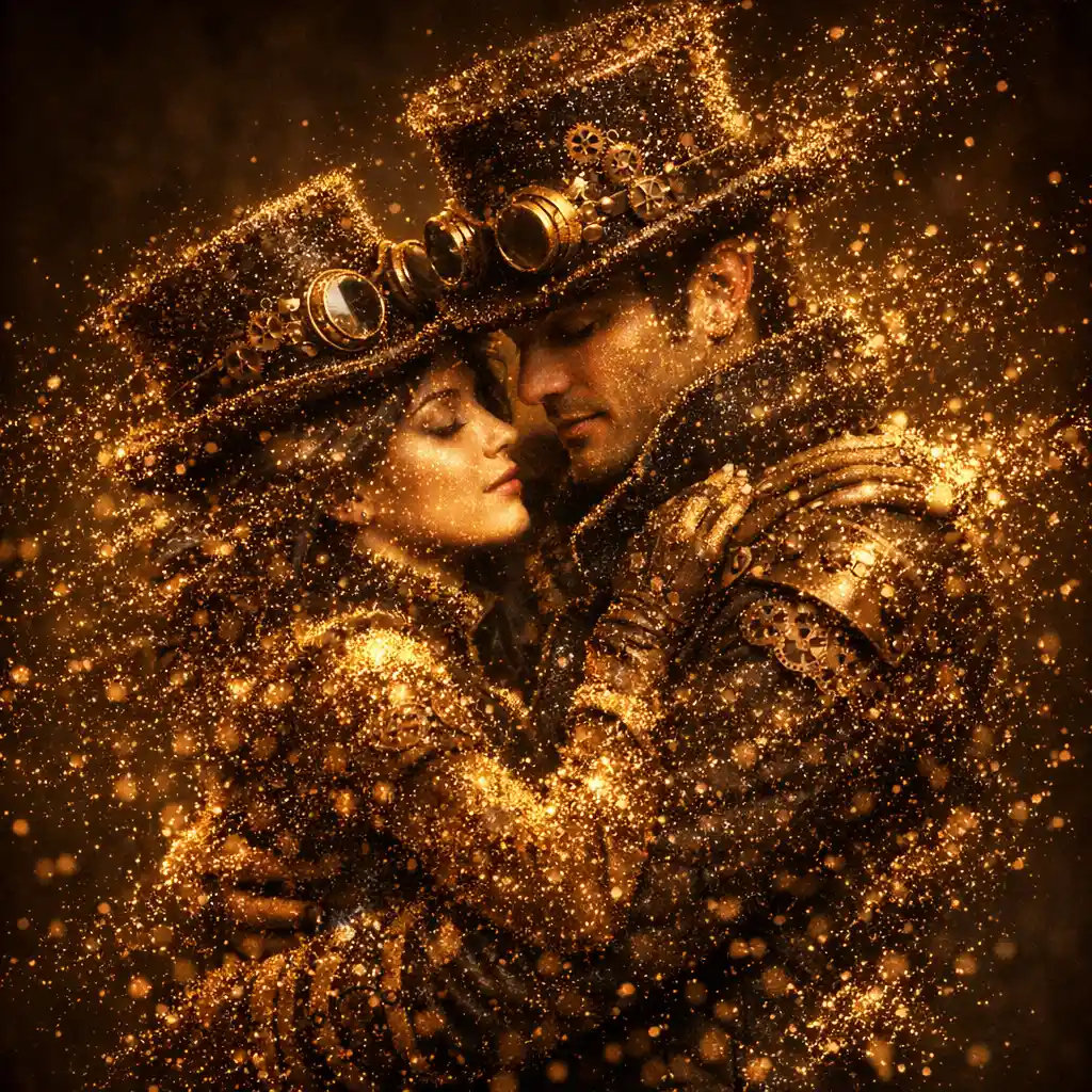 Couple steampunk s’embrassant dans un tourbillon de poussière de fée dorée