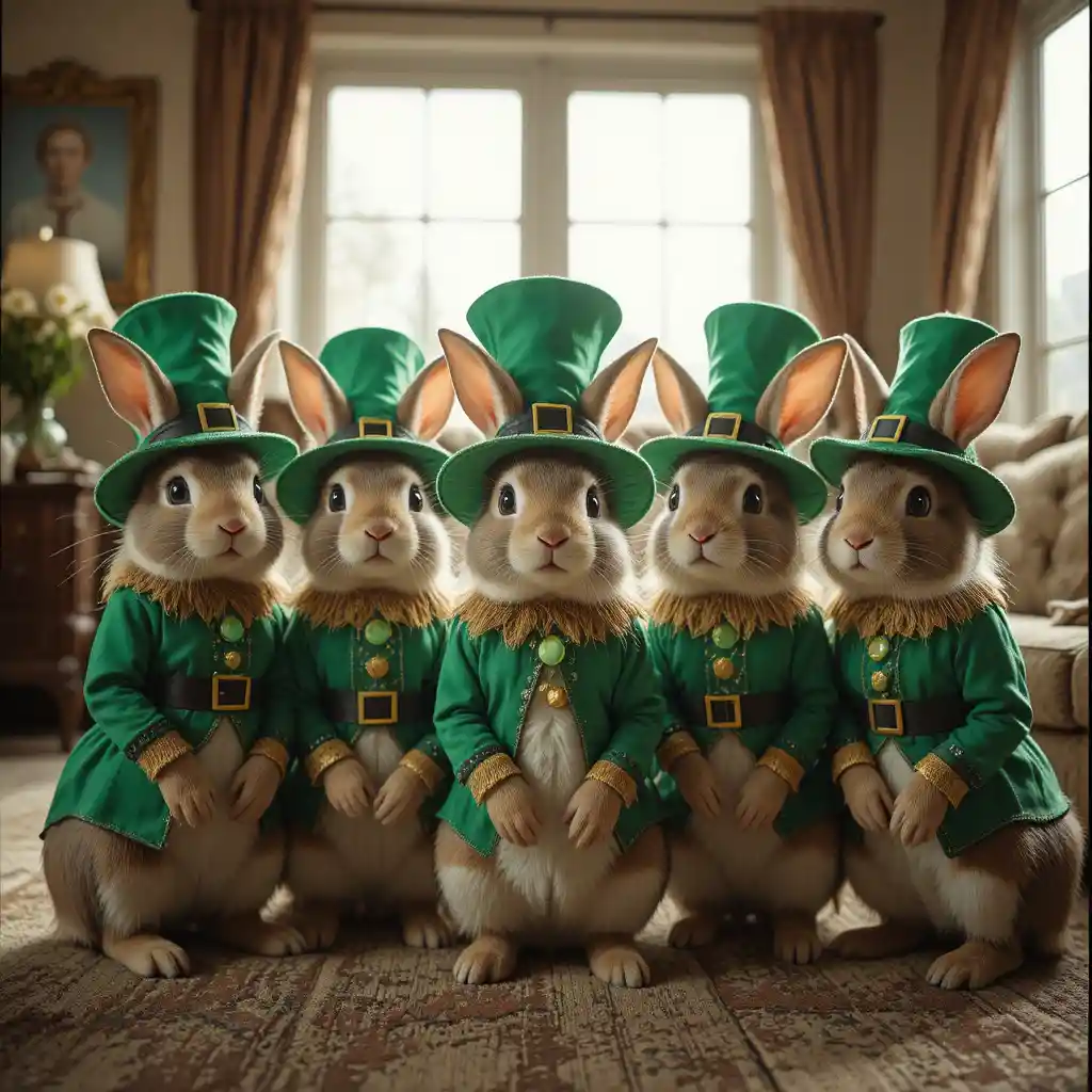 Groupe de lapins en costumes de leprechaun dans un salon lumineux