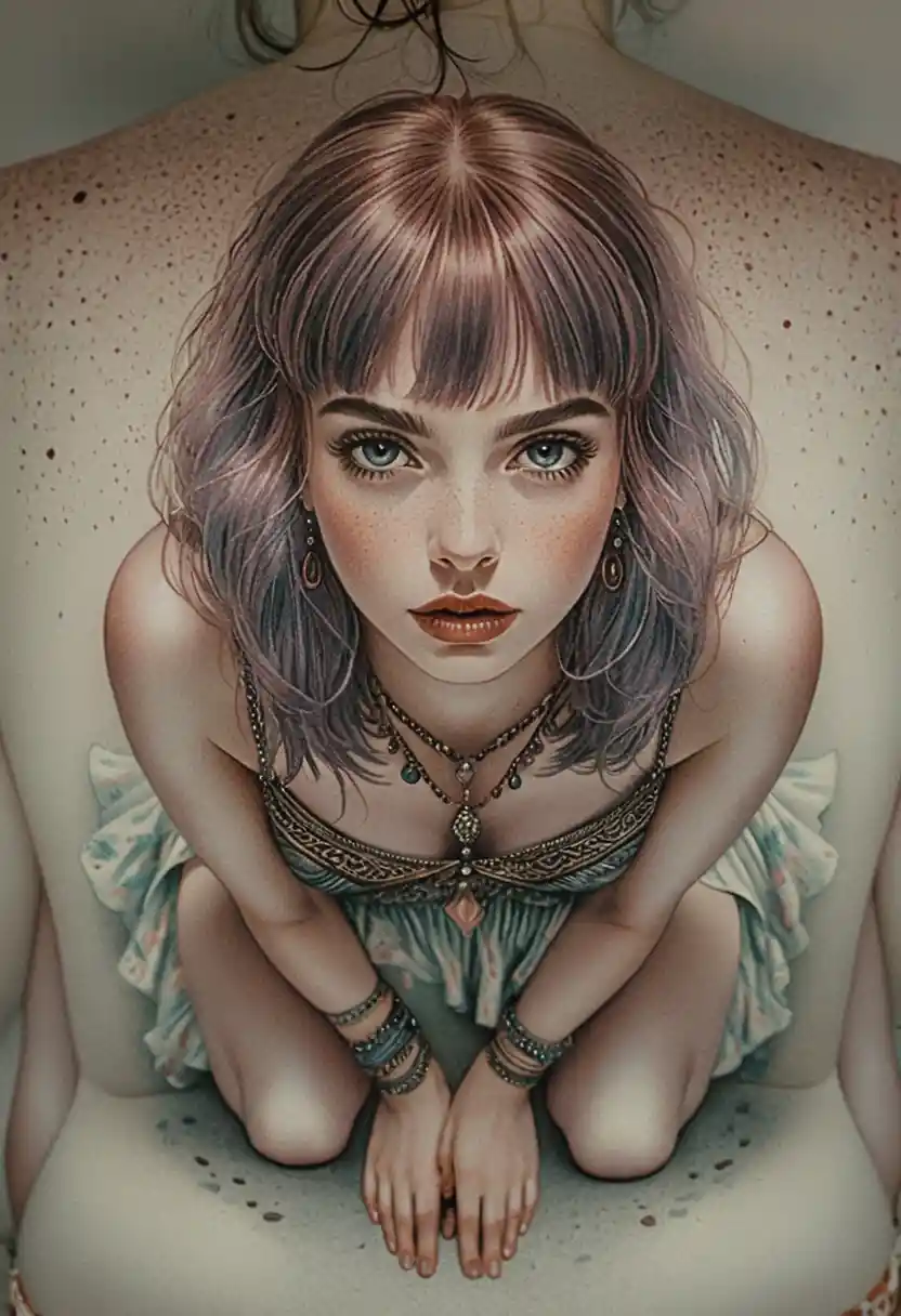Mystical red haired girl seen from above by a dark pond