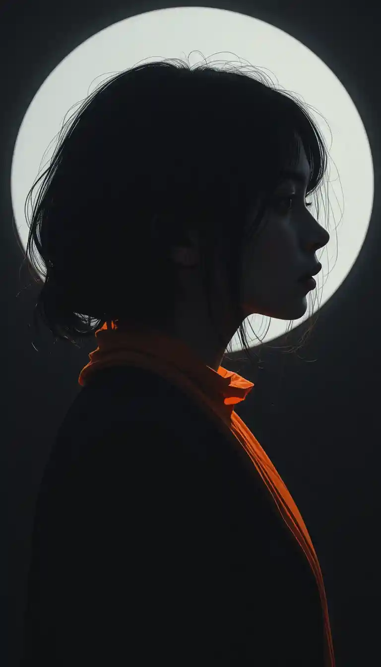 Stimmungsvolle Profil-Silhouette mit Lichthof und orangefarbenem Schal