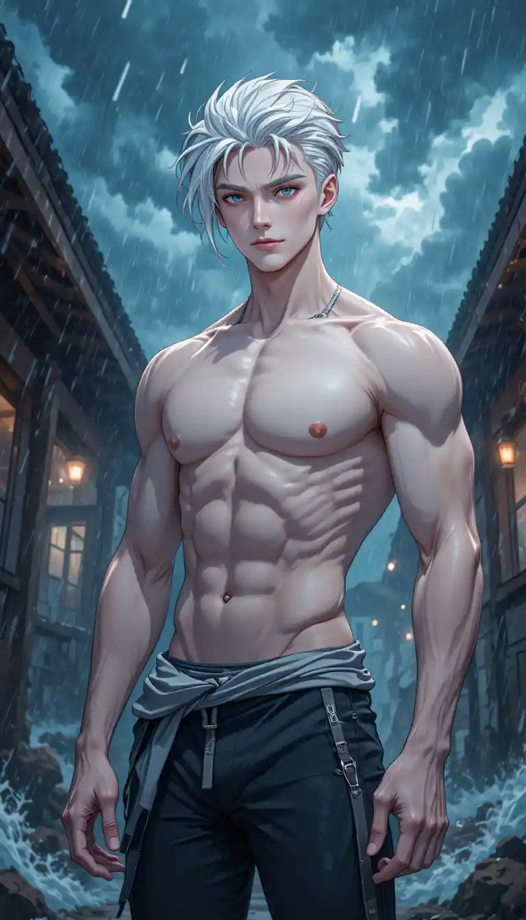 Homem de anime de cabelo branco em cena externa tempestuosa