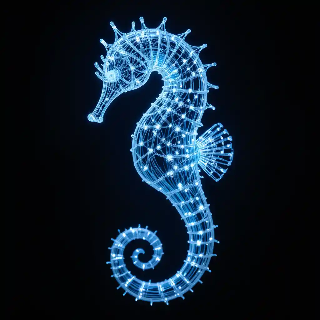 Hippocampe en fibre optique lumineuse sur fond noir profond