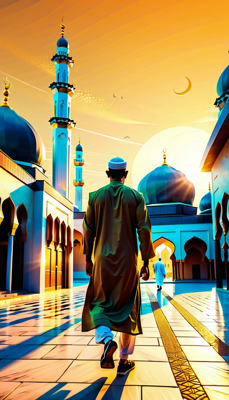 Junger muslimischer Mann geht im Sonnenaufgang zur Moschee