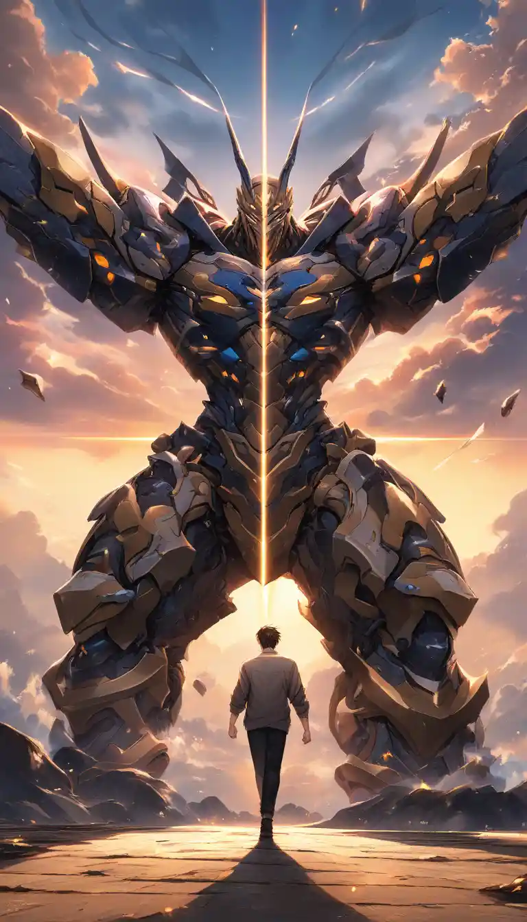 Jovem atlético calmo em estilo anime ao pôr do sol