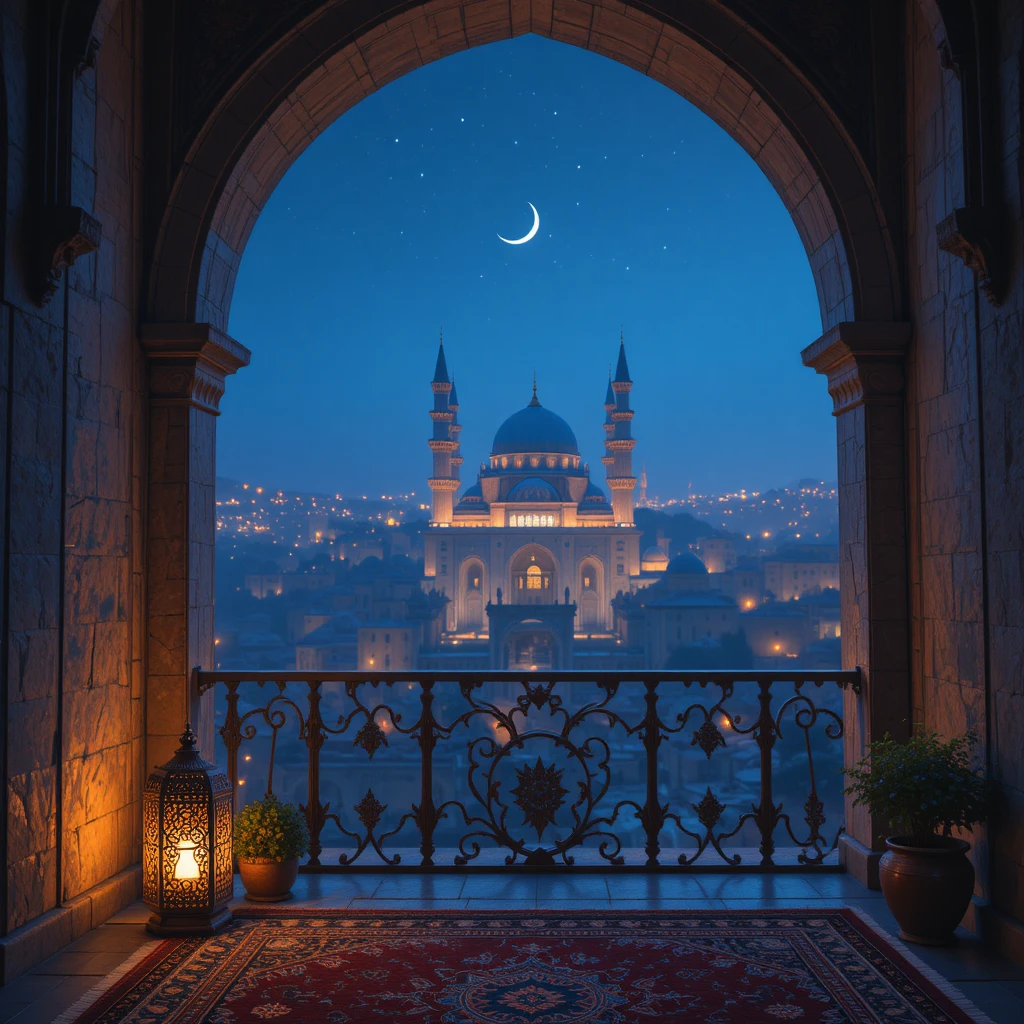 Twilight city view from an ornate islamic balcony