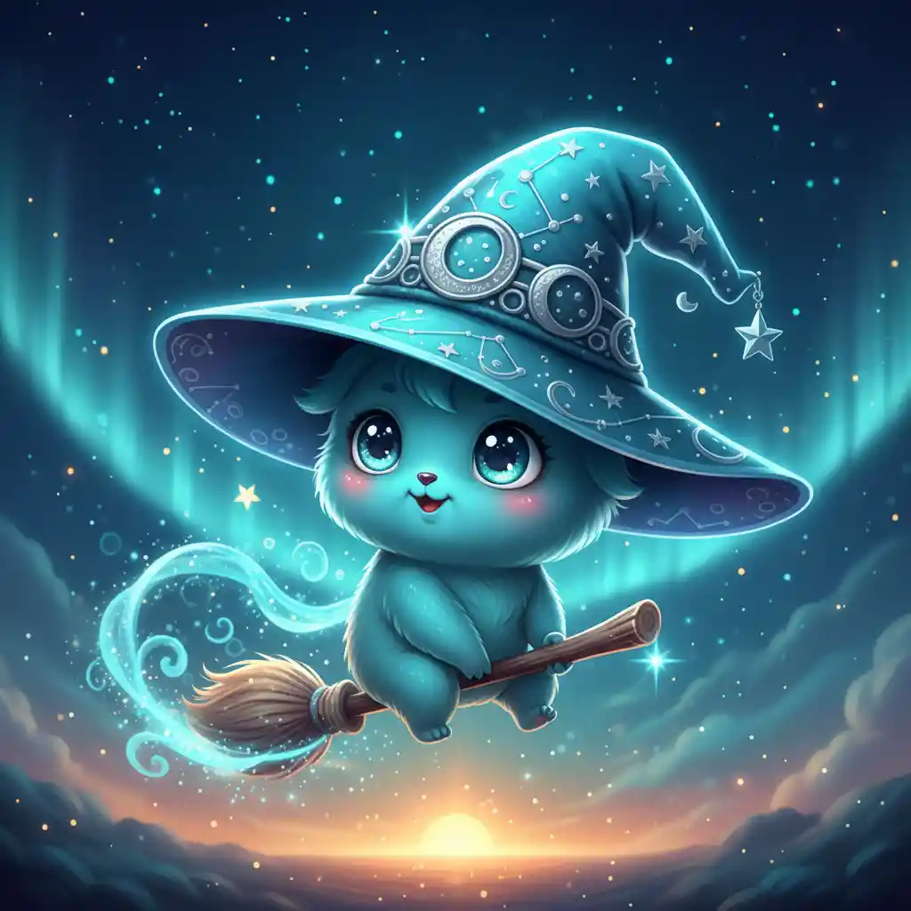 Adorable chibi witch spirit riding a glowing broom