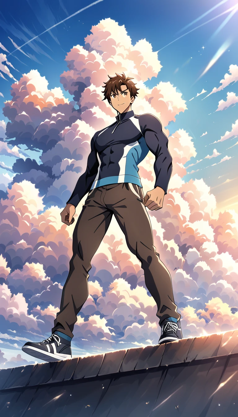 Homem de anime confiante em pé ao ar livre no pôr do sol quente