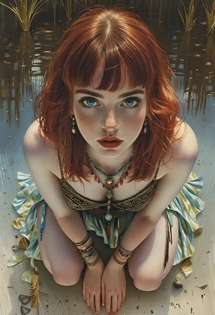 Enigmatic red haired girl seen from above by the water
