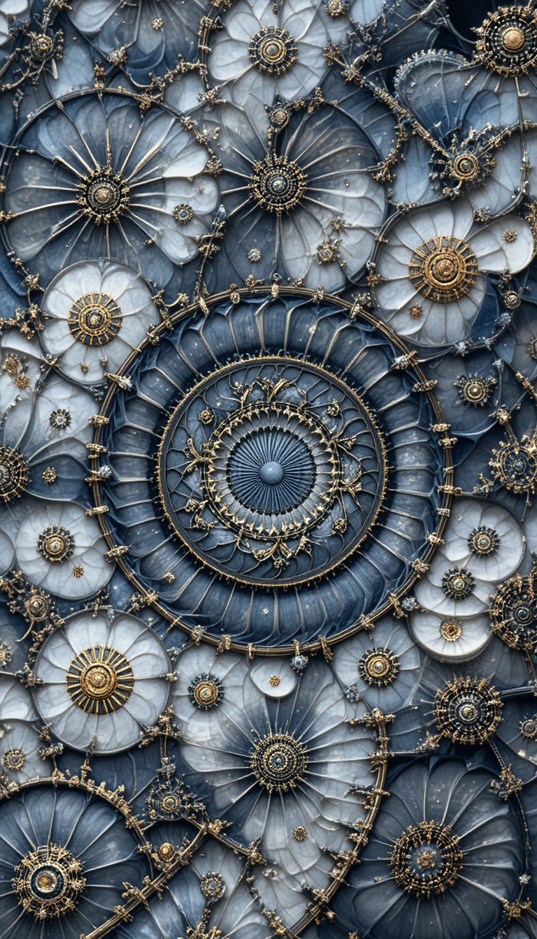 Filigranes gold- und blaues Fraktal-Mandala auf dunklem Hintergrund