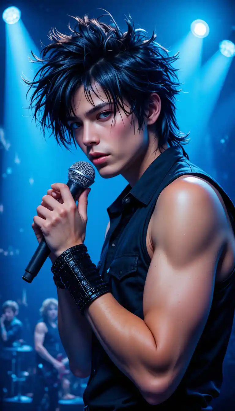 French rock singer speaking into microphone on blue stage