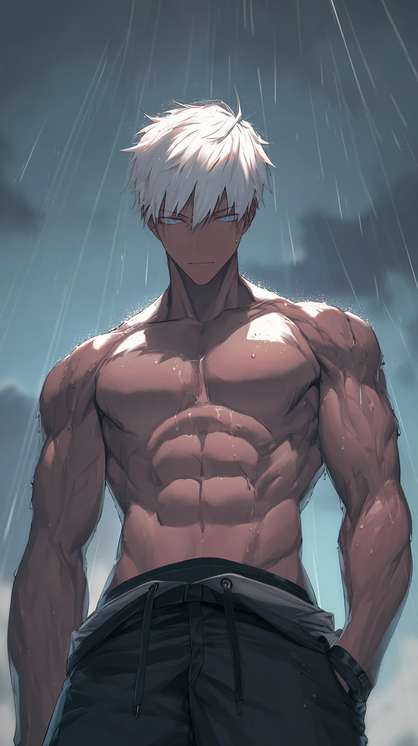 Homem de anime de cabelos brancos na tempestade sob luz dramática