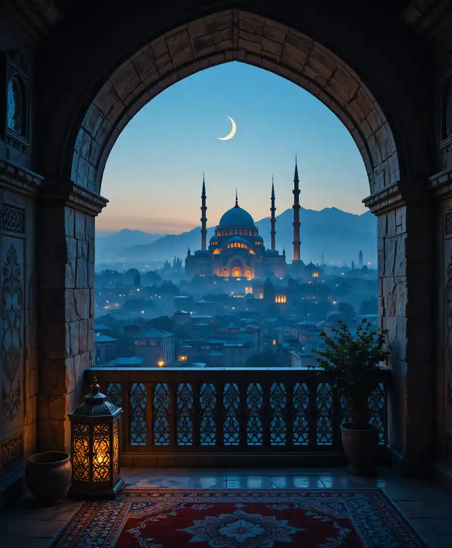 Islamic balcony view over glowing ancient city at dusk