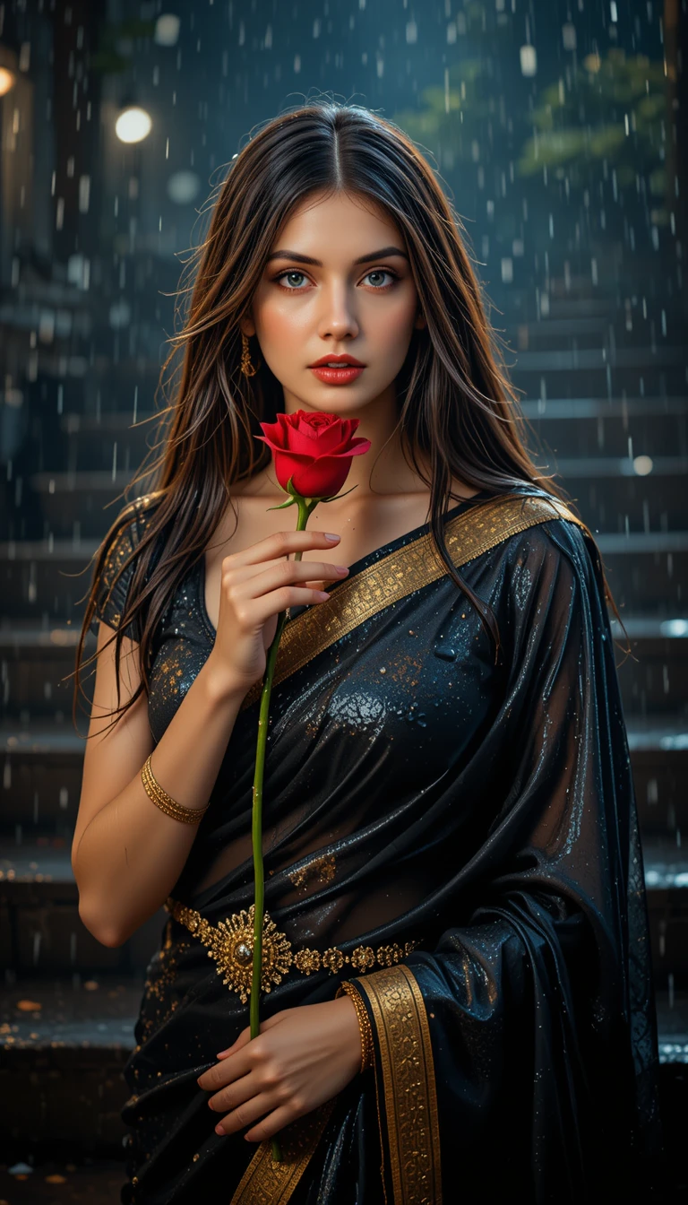 Indian woman in wet black saree biting a red rose