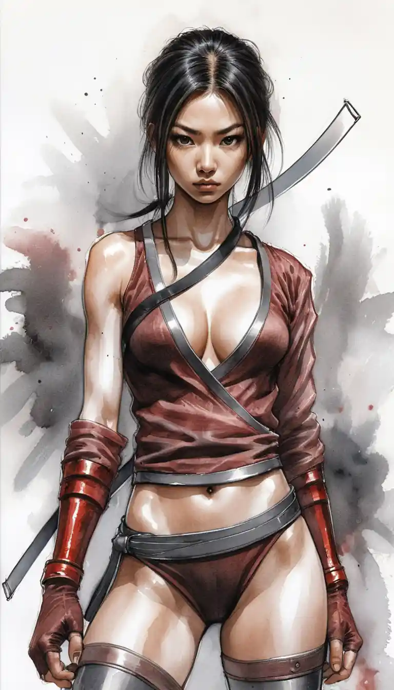 Asian warrior woman with katana in dark smoky scene
